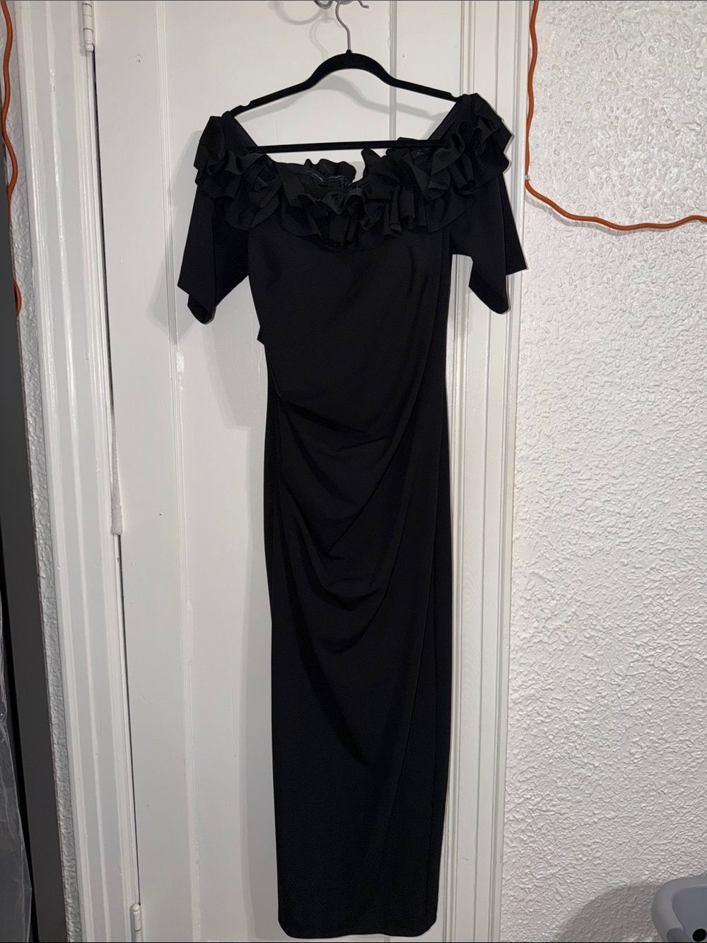 Xscape Black One-Shoulder Ruffle-Trim Evening Dress